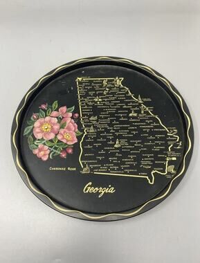 Vintage Toleway Serving Tray Georgia Cherokee Rose Black Gold Color With Flowers